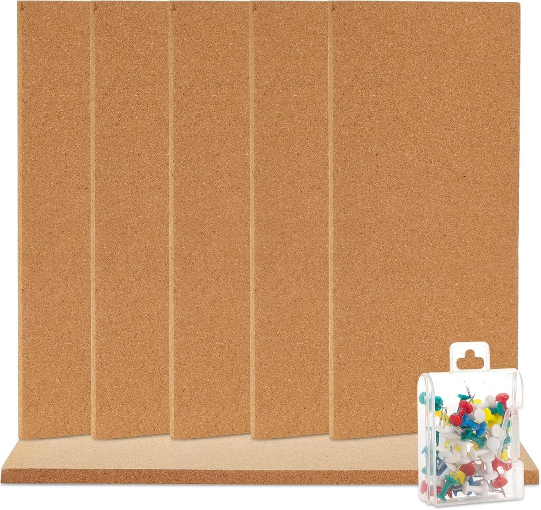 Lyellfe 6 Pack Cork Bulletin Board, 17"x8"-1/2" Thick Self-Adhesive Cork Boards, Frameless Cork Tiles with 50 Push Pins for DIY, Office, School and Home Decor