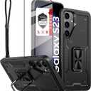 for Samsung Galaxy S23-5G Case with Tempered Glass Screen Protector,with Lanyard Strap[Military Duty Anti-Drop Shockproof Protection]with Magnetic Ring Kickstand,Black