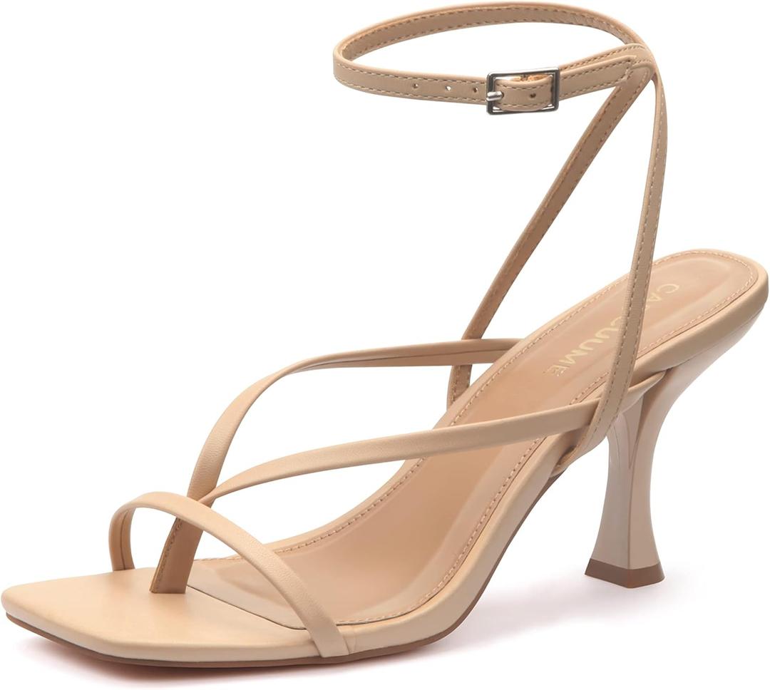 Carcuume Womens Kitten Heels Square Toe Thong Strappy Ankle Strap Stiletto Heel Sandals (6.5, Nude Pu)