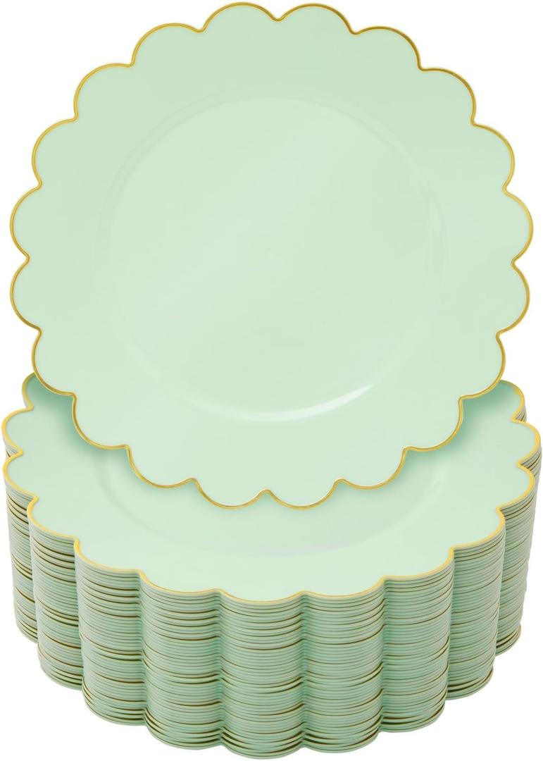 BLUE PANDA 50 Pack Sage Green Plastic Plates with Gold Trim, 9-Inch Scalloped Edges Plastic Plates, Durable Pastel Dessert Party Plates for Birthday, Baby Shower, Wedding