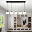 5-Lights Globe Pendant Light for Kitchen Island H 98" Black Rectangle Chandelier Milk White Glass Pendant Lighting for Living Room Bedroom Entryway