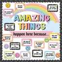 3 x Pastel Rainbow Amazing Things Happen Here Bulletin Board Set Composition Notebook Classroom Decor Motivational Saying Cutouts for Back to School Teacher Supplies Classroom Chalkboard Wall Door Decor