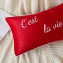 Super Soft Velvet Monogram Lumbar Throw Pillow Covers 12x20 Pillow Cover C'est la vie French Quote Printed Retro Decorative Pillows For Couch Bed Sofa Living Room Positive Sayings Home Decor Red 1 Pc