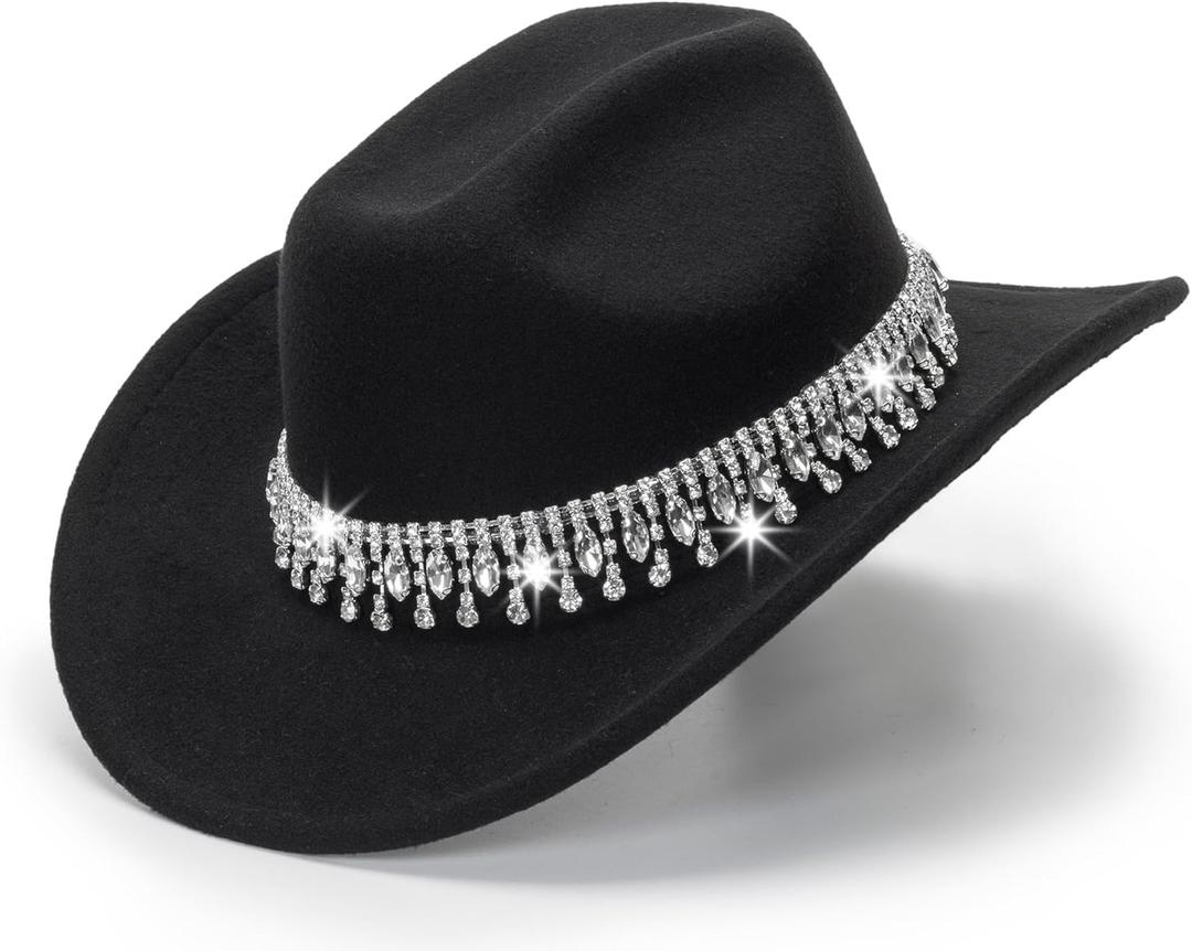 Glitter Silver Black Cowboy Hats for Women - Western Sparkly Rhinestone Cowgirl Hat for Ladies Size M-L (7-7 1/4)