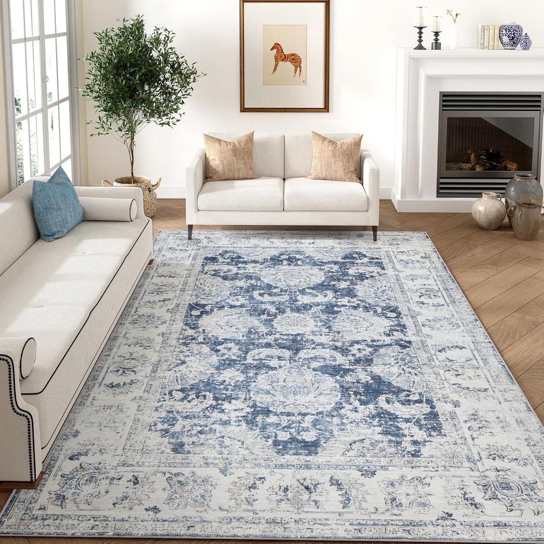 jinchan Fiora Washable Area Rug 8x10 for Living Room Soft Faux Wool Ultra-Thin Stain Resistant Non-Slip Distressed Vintage Floral Large Carpet for Bedroom, Home Office, Nursery(Dark Blue, 8'x10')