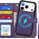 TUCCH 2-in-1 Removable Wallet Case for iPhone 17 Pro (6.3-inch) 2025, Wireless Charging | RFID Blocking 4 Card Holders | Wrist Strap | Kickstand | Magnetic | PU Leather Protective Cover | Deep Purple