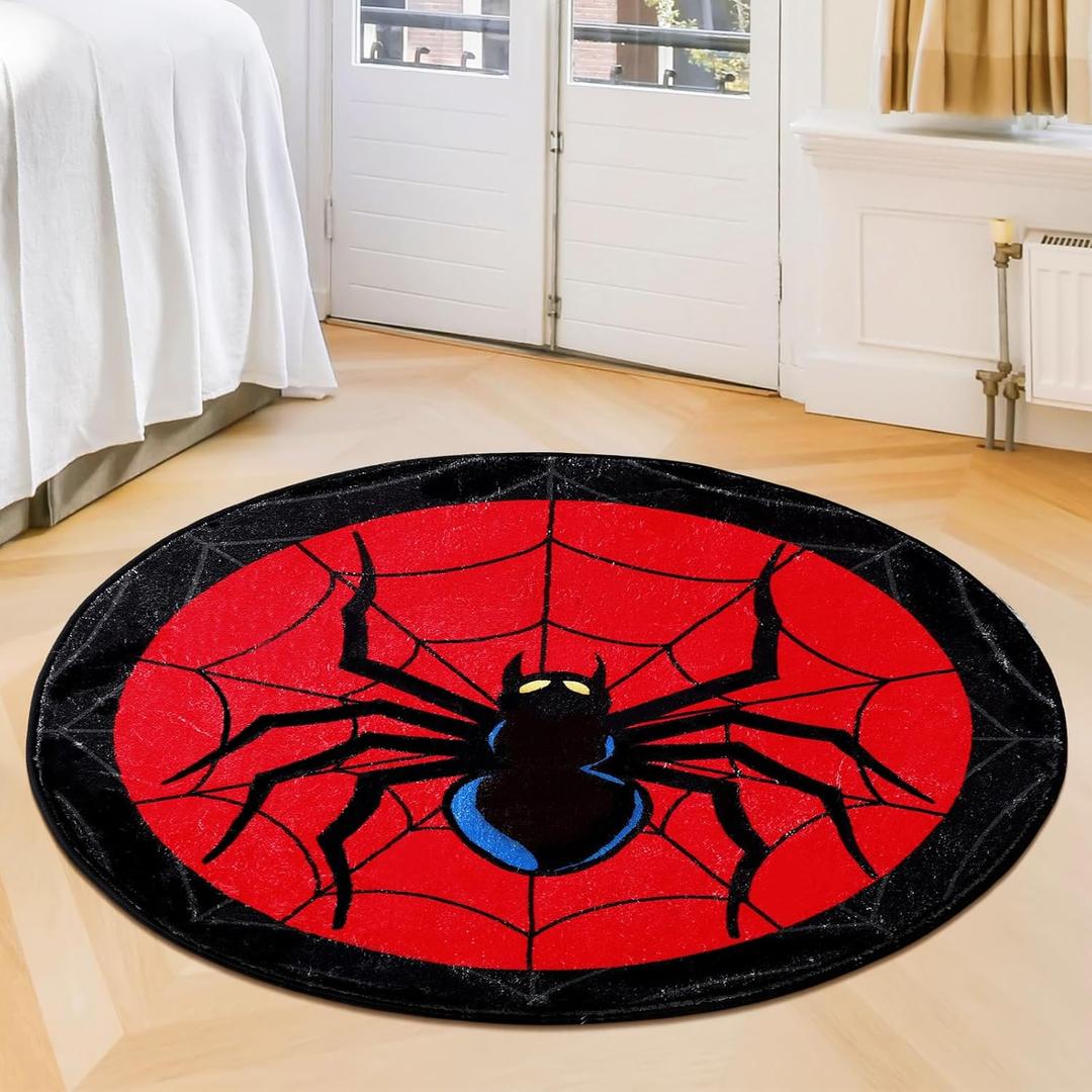 Nuanchu Spider Web Round Rug 25 x 25 Inches Washable Spider Web Carpet Circle Entryway Rugs Red and Black Cool Carpets Non Slip Mat for Bedrooms Bathroom Kitchen Floor Decoration(Classic)