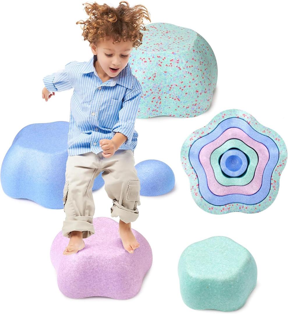 5 PCS Flower Stepping Stones for Kids, Colorful Stacking Balance Toys, Obstacle Course Coordination Game Toy for Toddlers 1-3, Indoor or Outdoor Play, Bath Toy, Birthday Gift for Age 4 5 6+