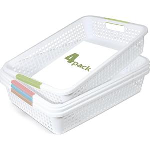 ShineMe 4pack Paper Trays for Classroom Organization, Solid Plastic Baskets for Organizing, Sturdy and Stackable Turn in Bins with Colored Handle for Home, Office, Pantry Room, Desk Drawer Organizers