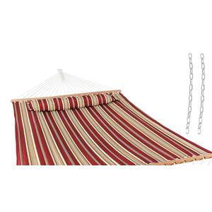 Quilted Double Hammock for Outside with Spreader Bars and Pillow - 450 lb Capacity, 74x55 Inch Bed, UV Resistant, Quick Dry - Chains Included, Stand Sold Separately - Red Stripe