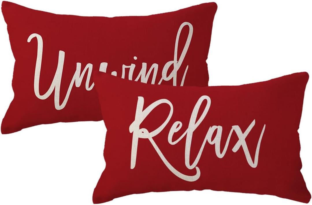 ULOVE LOVE YOURSELF Relax&Unwind Throw Pillow Covers 12x20 Farmhouse Spring Summer Decorative Lumbar Pillowcases Porch Patio Cushion Covers 2Pack for Bedroom Living Room Sofa Couch Home Decor (Red)
