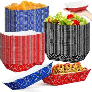 Gejoy 120 Pcs Western Party Plates 1 lb Cowboy Plates Bulk Bandana Paper Food Trays for Rodeo Cholo Party 250th Anniversary Decorations(Red Blue Black)