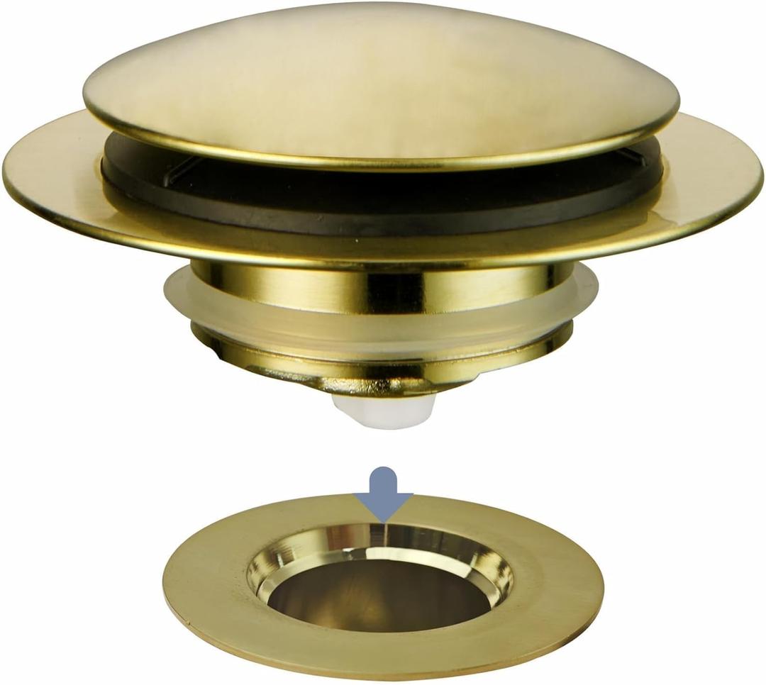 Gold Brushed Tub Drain Stopper,Universal Pop Up Bath Drain Plug Bathtub Drain Stopper,Hidrop Conversion Kit Assembly,Replaces Lift and Turn,Tip-Toe Plug Stopper for Tub,EZ Install(Gold Brushed)