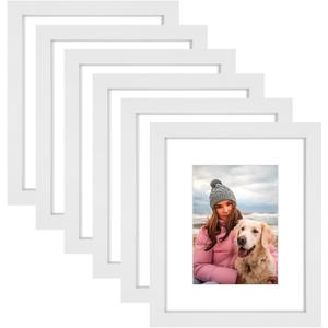 AUEAR 8x10 Picture Frames Set of 6, with Mat for 5x7 or 8x10 without Mat, Composite Wood Gallery Photo Frames with Plexiglass, Wall Mounting (White)