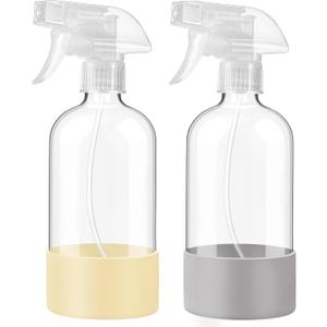 JohnBee Glass Spray Bottles with Silicone Sleeve, 2 Pack16 oz Empty Refillable Containers with Adjustable Spray Nozzles, Spray Bottles for Hair, Cleaning Solutions and Plants Pale Yellow&Grey