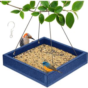 Kingsyard WPC Composite Platform Bird Feeder for Outside, Heavy Duty Hanging Tray for Mealworms & Seeds, 3.5 lbs Large Capacity, Weatherproof Recycled Plastic Material, Easy to Clean, Blue