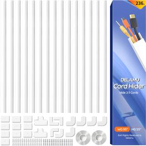 Delamu 236in Cord Hider, Professional Cable Cover Kit for Wall, TV Wire Hider for Wall Mounted TV, Raceway Cover on Management Wires, Cable Concealer, 0.95'' H x 0.55'' W, White (Medium)