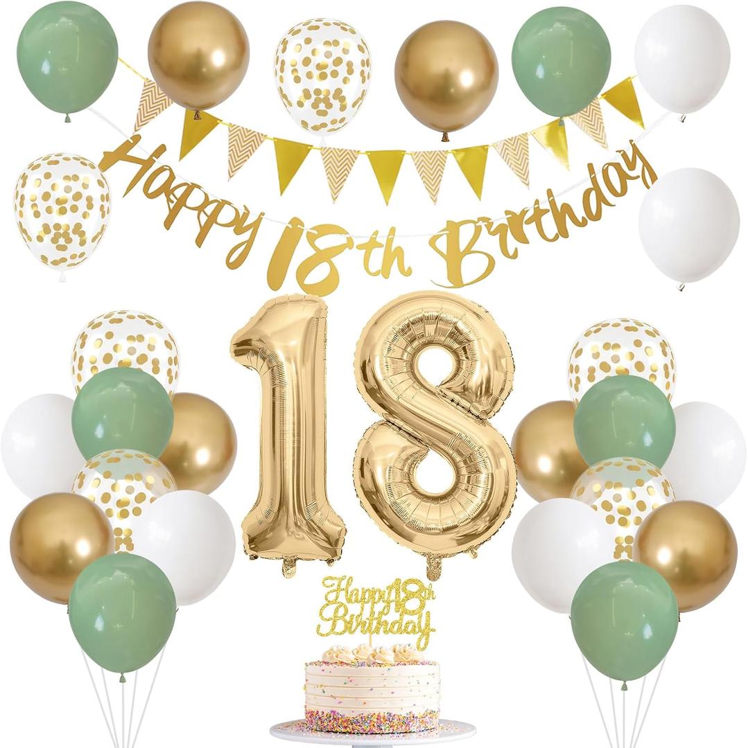 18th Birthday Decorations - Happy 18th Banner, Cake Topper, Foil Balloons in Sage Green, White, Gold for 18 Year Old Party