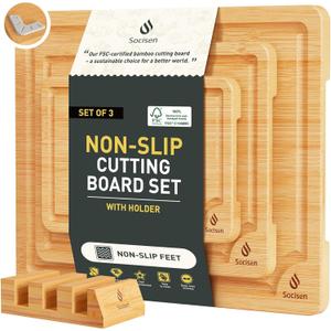 Bamboo Cutting Board Set Non Slip Feet with Holder Over Sink Kitchen Gadgets Seller 2025 First Apartment Must Haves Things Stuff Accessories House Warming Decor Housewarming Hostess Host Gifts (Natural)