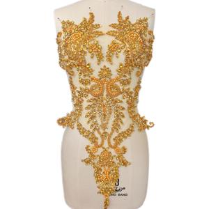 Handmade Bodice Rhinestones Applique Sewing Beads Stones Crystal Trim Lace Patches for Dress Clothing Accessories 34x63cm (Gold)