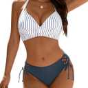 Blooming Jelly Womens Bikini Sets Cheeky Two Piece Swimsuit Criss Cross Adjustable Straps Bathing Suit String Swim Suits (Large, Blue Stripe)