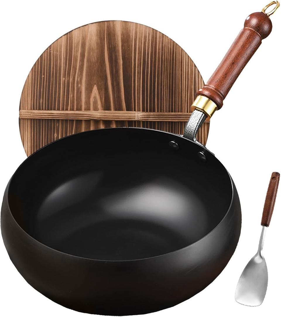 Carbon Steel Wok Pan, 10.2" Woks & Stir-Fry Pans with Wooden Lid Cookwares, Nonstick Wok Flat Bottom Small Handmade Chinese Wok For for All Stoves