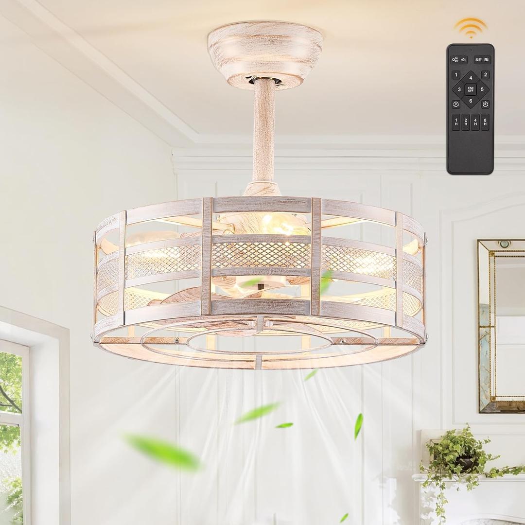 16in Caged Ceiling Fans with Lights and Remote, Fandelier Ceiling Fan with 6 Speeds and Timing, Farmhouse Samll Fan Lights Ceiling Fixtures For Kitchen, Bedroom-White and Gold