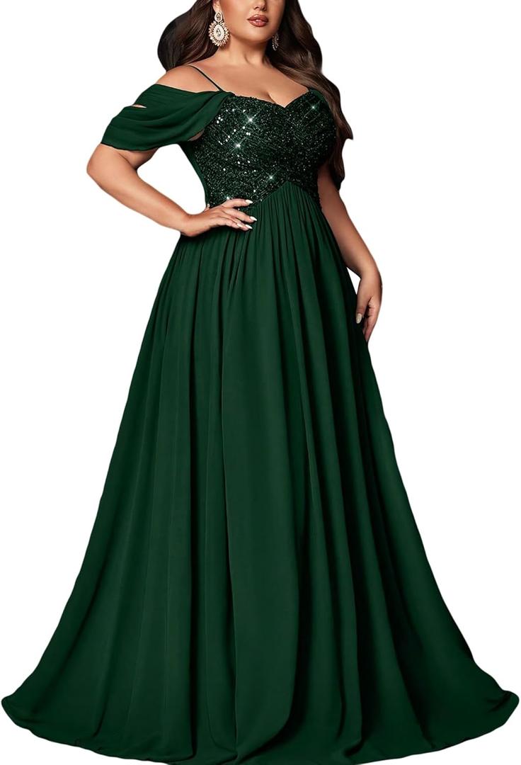 Women's Sequin Plus Size Wedding Guest Bridesmaid Dresses Maxi Gown for Formal Prom Cocktail Party Evening Events (Green, XXL)