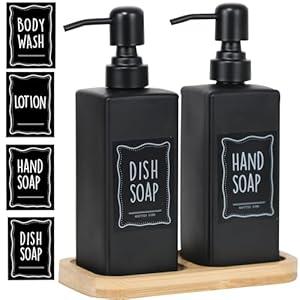 LuHeToz 16OZ Modern soap Dispenser Set with Bamboo Tray and Stainless Steel Pump and Four Waterproof Labels. Luxury Soap Bottle for Kitchen, Bathroom. (2, Black 2pack)