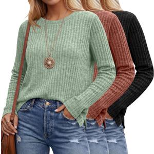 Huukeay 3 Pack Women's Long Sleeve Shirts Lightweight Tunic Sweaters with Side Split Crew Neck Casual Tops 2026 Trendy (Large, Black, Caramel, Green)