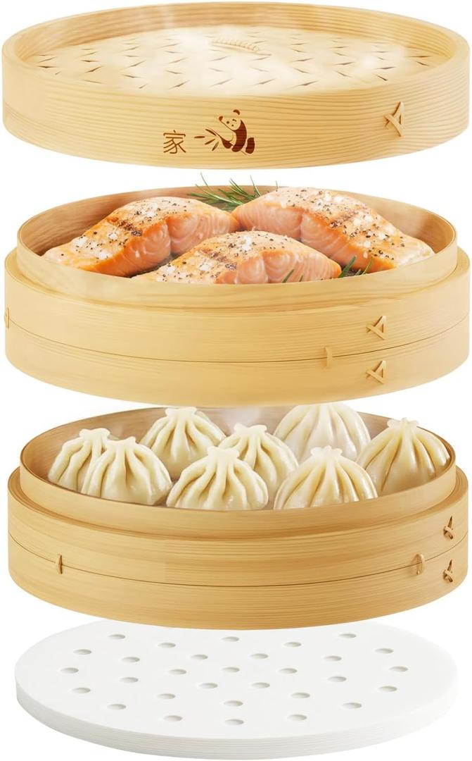 Prime Home Direct Bamboo Steamer Basket 8-Inch | 2-Tier Steamer for Cooking | 50 Liners | Small Instant Steaming Cookware Asian Food, Bao Buns, Chinese, Dim Sum, Dumpling, Rice, Vegetable Steam Pot
