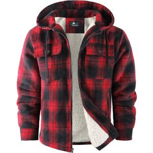 SCODI Men's Flannel Shirt Jacket Fleece Sherpa Lined Plaid Jackets Coat Full Zip Up Hoodie Winter Outwear (Large, Red Black)