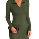 VICHYIE Women Fall Dress Lapel Collared V Neck Bodycon Ribbed Long Sleeve Tight Mid Thigh Pencil Above Knee Mini Polo Dresses Green S