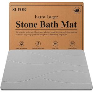 32"x20" Stone Bath Mat, Diatomaceous Earth Shower Mat, Non-Slip Super Absorbent Quick Drying Bathroom Floor Mat, Natural, Easy to Clean (Cloudy Gray)