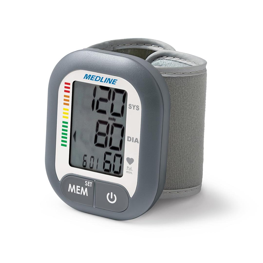 Medline Digital Wrist Blood Pressure Monitor, Wearable, Digital LCD Display, Stores Up To 60 Readings, Batteries Included, Medium