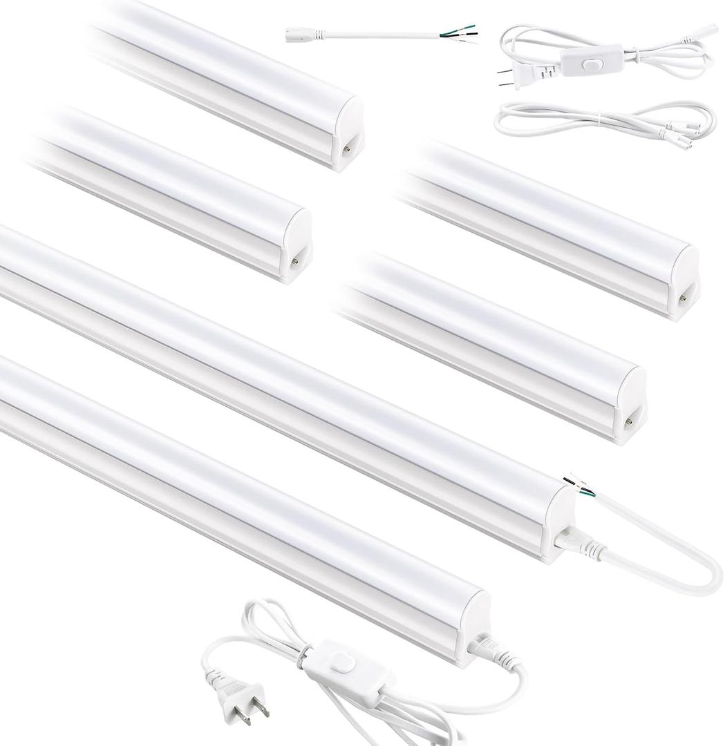 (6 Pack) 4FT T5 PRO LED Shop Lights, 2800LM 6500K Bright White LED Integrated Fixture, 20W Linkable Garage Light, Ceiling and Cabinet Light with ON/Off Switch, Workshop, Basement