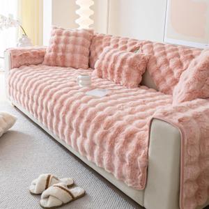 Faux Fur Sofa Cover, Rabbit Plush Couch Cover, Non-Slip Couch Covers Washable, Cosy Plush Sofa Slipcover, Furniture Protector for L Shaped(1pc/ Pink /36"x82")