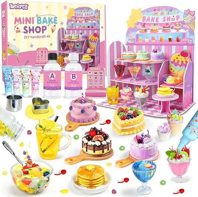 Mini Bake Shop DIY Toy Set, Making 14Pcs Pretend Desserts & Cakes, Resin & Clay Kitchen Play Kit, Scene Display Creativity & STEM Party Gift, Craft Kit for Kids Girls Boys Ages 8+