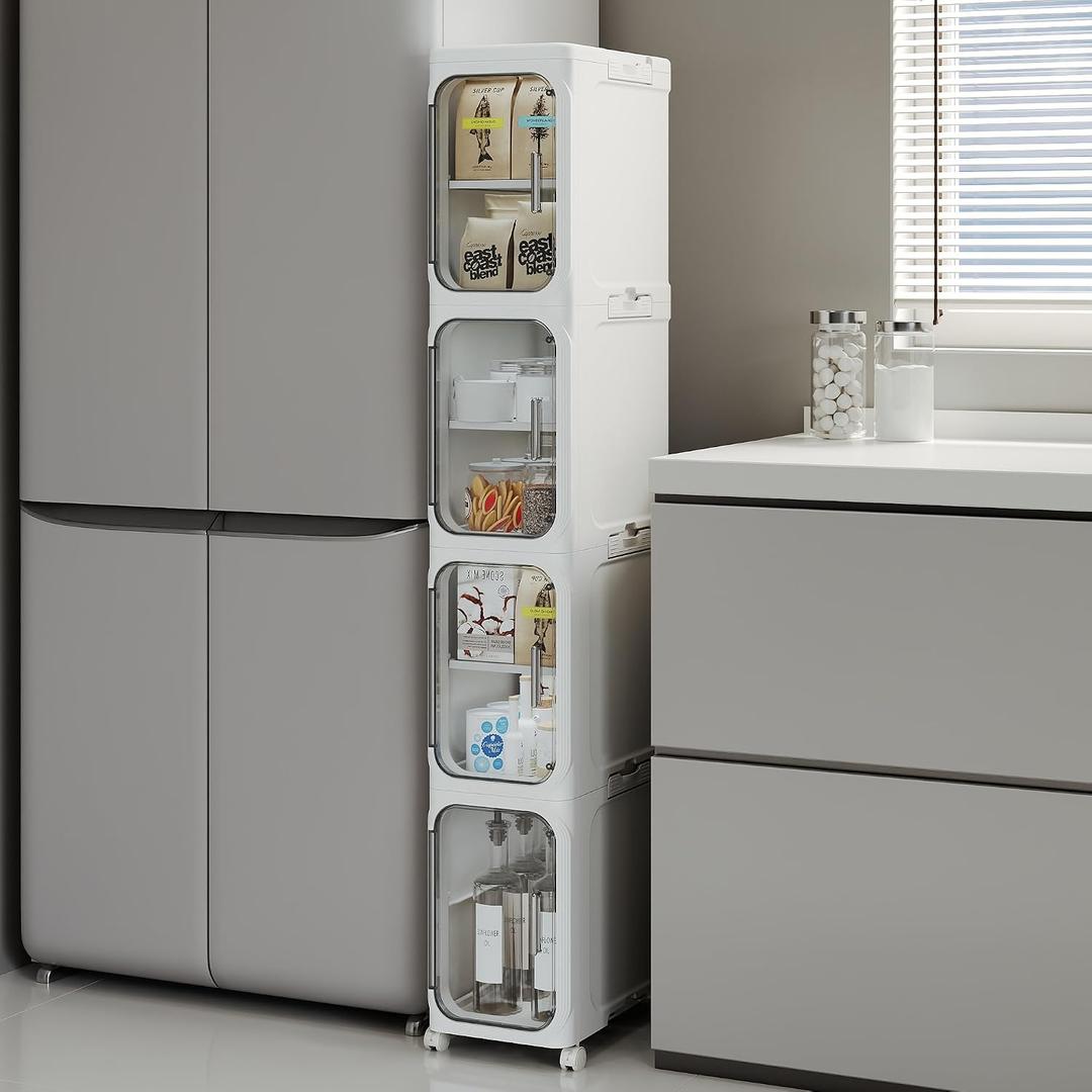 4-Tier Tall Narrow Storage Cabinet, Slim Bathroom Storage Cabinet with Adjustable Shelves and Wheels, Narrow Organizer for Small Space, Bathroom, Kitchen, Laundry, White