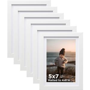 KINLINK 5x7 Picture Frame White Set of 6, Wooden Photo Frames Matted 4x6 with Plexiglass for 4x6 with Mat or 5x7 without Mat for Table and Wall Display