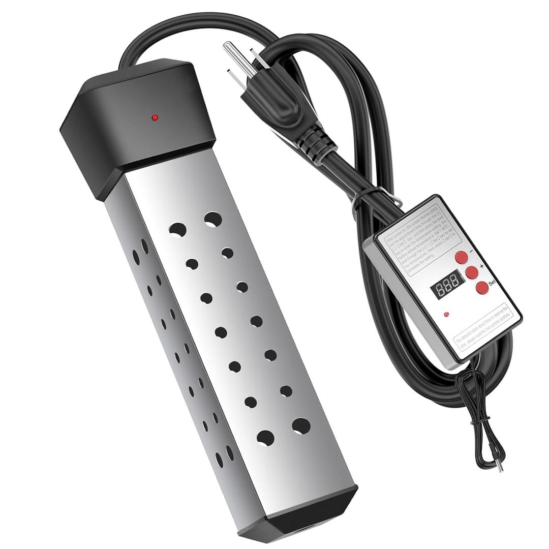 2000W Portable Immersion Water Heater with Build-in Thermostat & Delayed Start - Fast Heating for Buckets, Bathtubs, hot tub & Mini Pools hot tub - Stainless Steel Guard, Real-Time Temperature Display