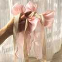 2 Pack French Silky Bow Curtain Tiebacks, Elegant Lace Ribbon for Curtains Decorative Rope Accessories Home Dcor (Pink,2)