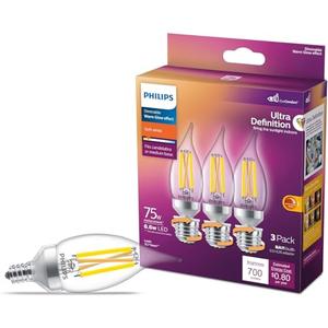 Philips LED 75W BA11 E12 or E26 Adapter Base 2-Pack Ultra Definition Daylight (5000K) 700 Lumen (5.5W = 75W) Dimmable Flicker-Free Candelabra Light Bulbs
