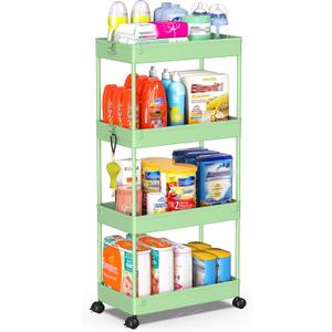 SPACEKEEPER Storage Cart 4-Tier, Bathroom Rolling Cart Utility Storage Organizer Shelf Mobile Shelving Unit for Kitchen Living Room Bathroom Laundry Room & Dressers, Green