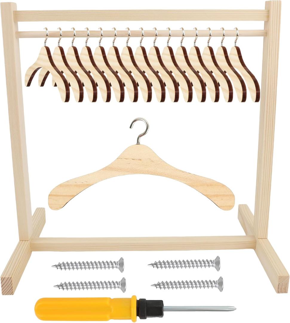 17 Pcs Wood Doll Garment Rack with Wooden Clothes Hanger Mini Wooden Girl Doll Clothes Hanger Organizer Storage Shelf for 18 Inch Girl Doll Clothes Baby Dollhouse (Color Set 1)