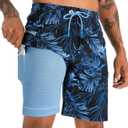 APTRO 2 in 1 Men's Swim Trunks 9" with Zipper Pockets Bathing Suit Built-in Board Shorts Swimwear Long Shorts Palm Blue 2X