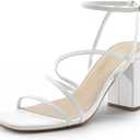 DREAM PAIRS Women's Heels Chunky Block Strappy Square Open Toe Ankle Buckle Heeled Sandals Wedding Party Dress Shoes Indie (8.5, White)