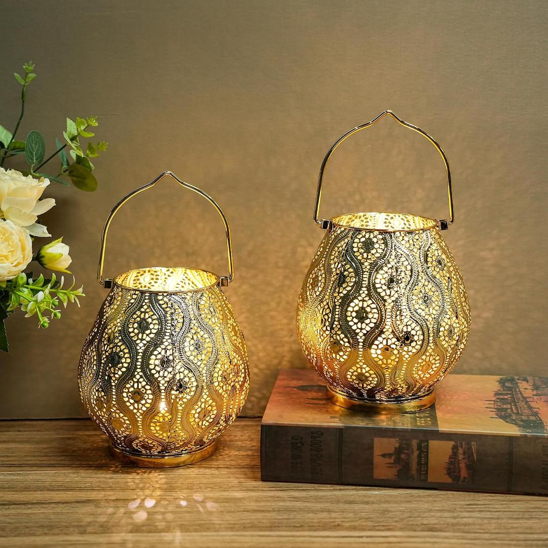 TRIROCKS Set of 2 Moroccan Decorative Lamps 8'' High Cordless Lamp Metal Table Lamps with Fairy Lights Bulb for Home Living Room Garden Yard Party Events Tabletop Indoor Outdoor(Gold)