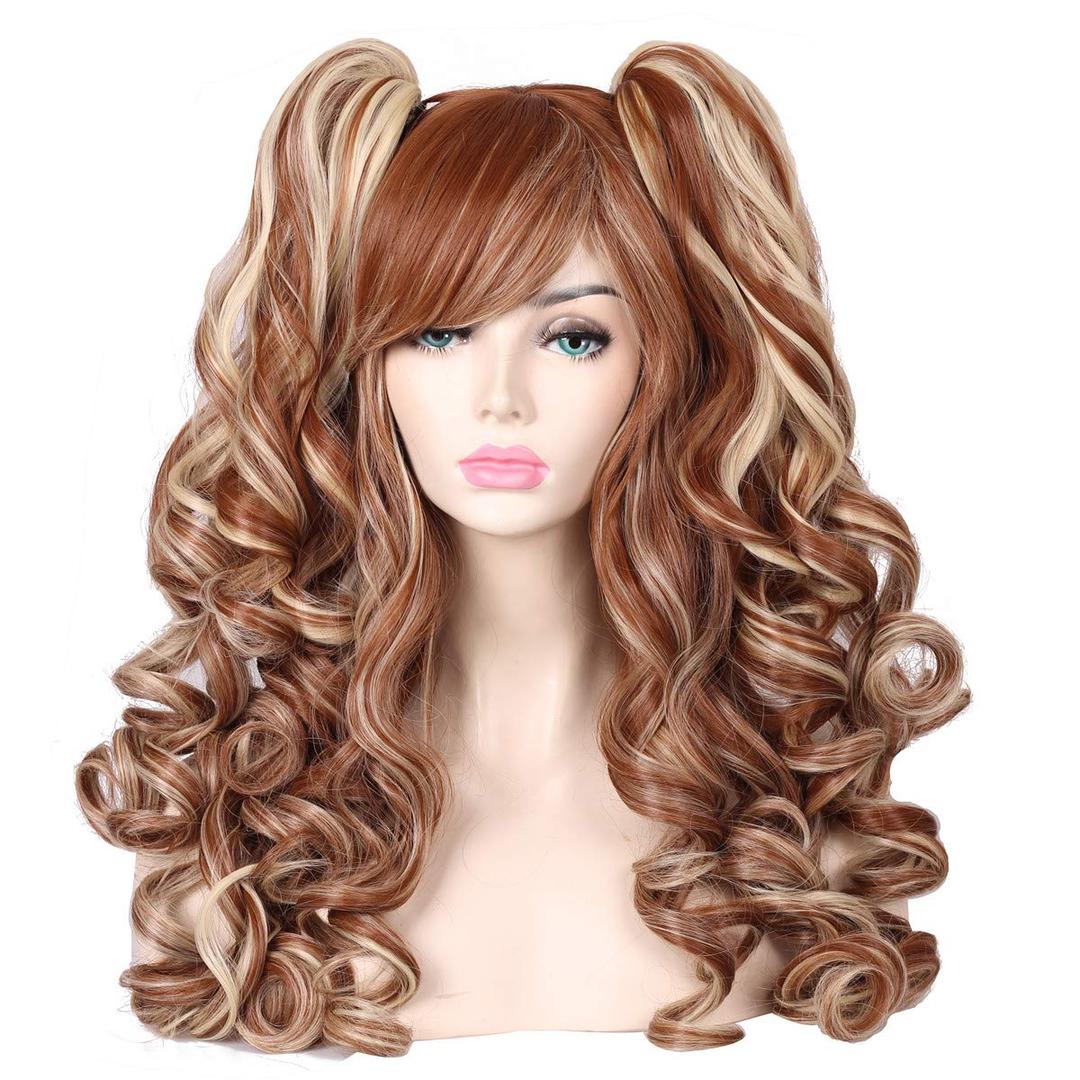 ColorGround Long Curly Multi-Color Cosplay Wig with 2 Ponytails(Brown with Blonde)