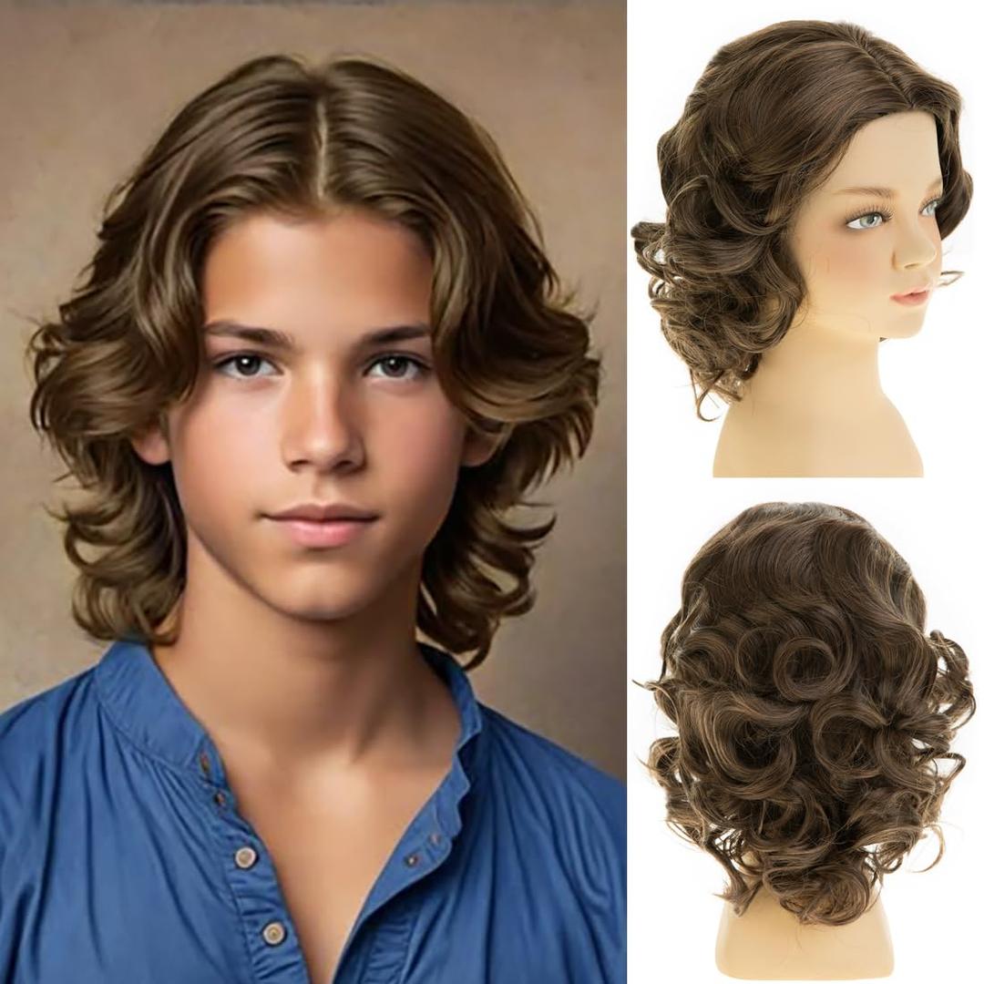 Short Curly Wavy Boys Wig Brown Synthetic Heat Resistant Halloween Cosplay Hair Wig